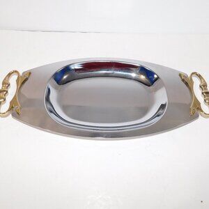 Vintage Kromex 14.5" Chrome Silver Tone Serving Tray MCM gold Tone Handle